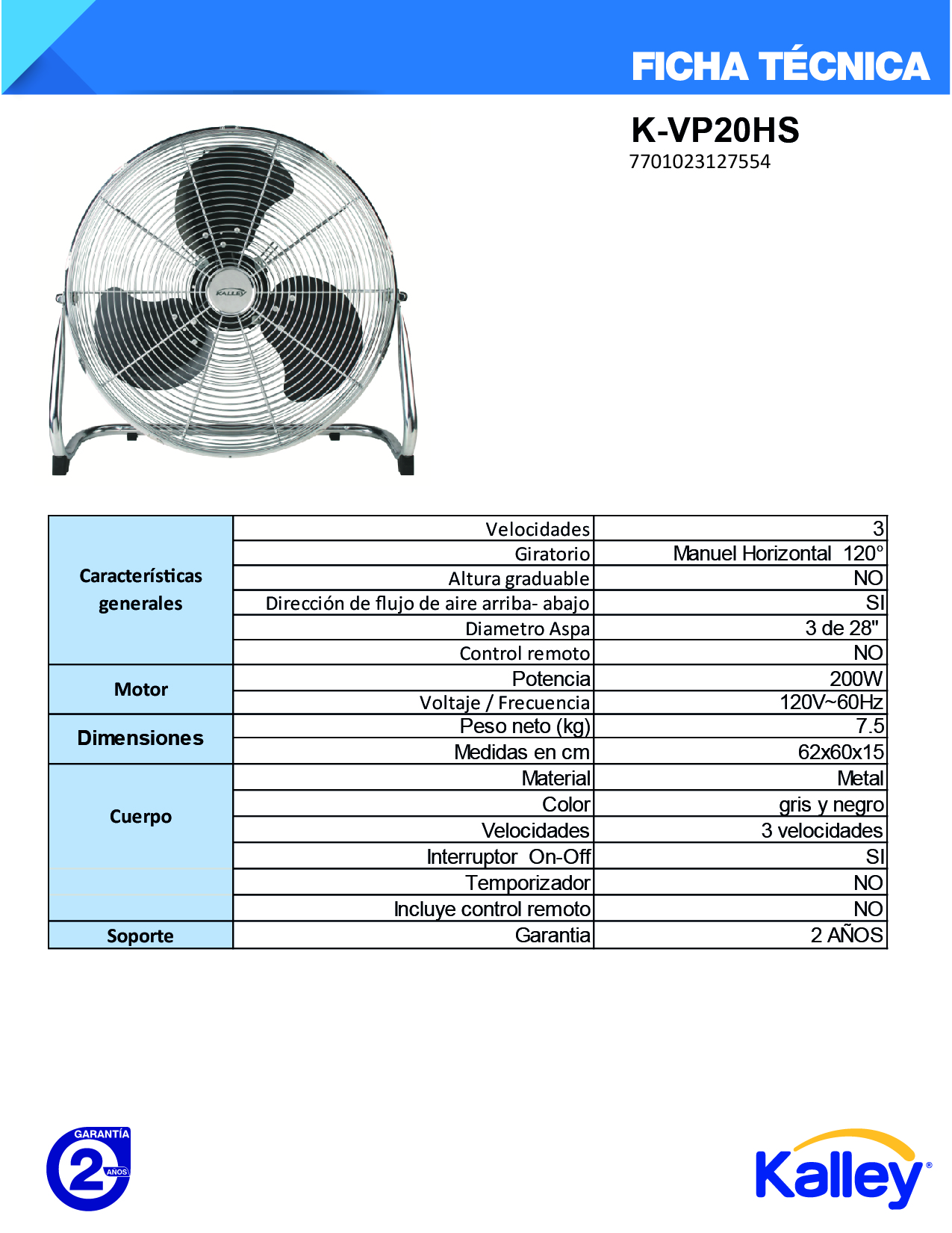 Ventilador Kalley Alta Potencia 20 Pulgadas